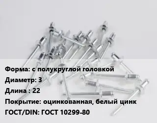 Заклепка с полукруглой головкой 3х22 оцинкованная, белый цинк ГОСТ: ГОСТ 10299-80